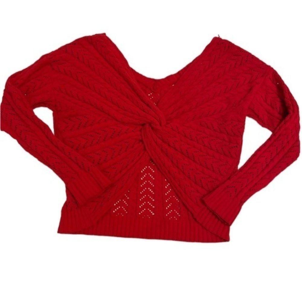 Jessica Simpson Red Cable Knit Twist‎ Back Pointelle Sweater Medium Long Sleeve